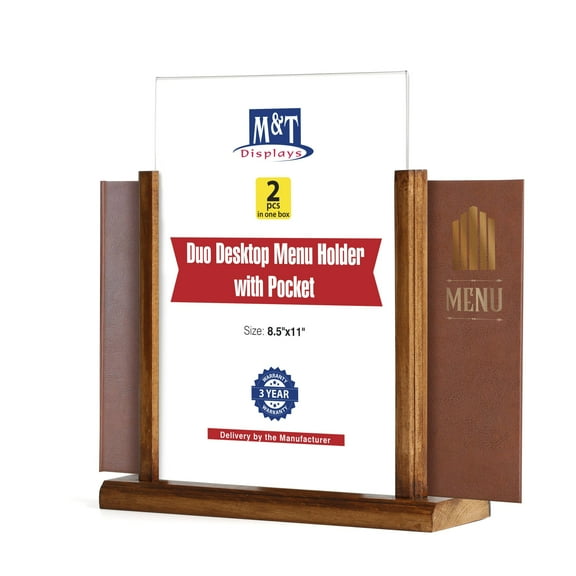 M&T Displays Classic Desktop Menu Sign Holder with Acrylic U Type Pocket (Dark Wood, 8.5x11) (2 Pack)