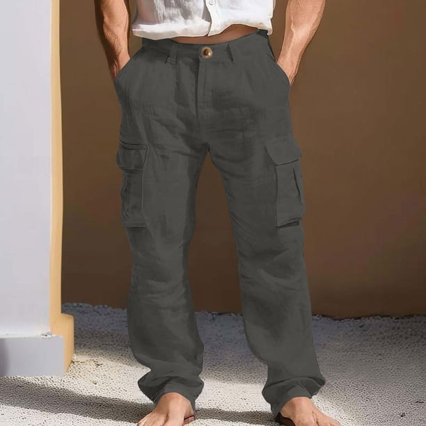 Ceisia Men's Cotton-Linen Blend Loose Straight Leg Cargo Pants with Multi Pockets Dark Gray M Gifts