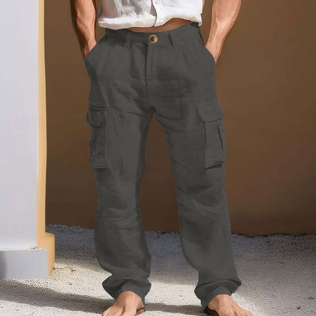 Ceisia Men's Cotton-Linen Blend Loose Straight Leg Cargo Pants with Multi Pockets Dark Gray XL Gifts