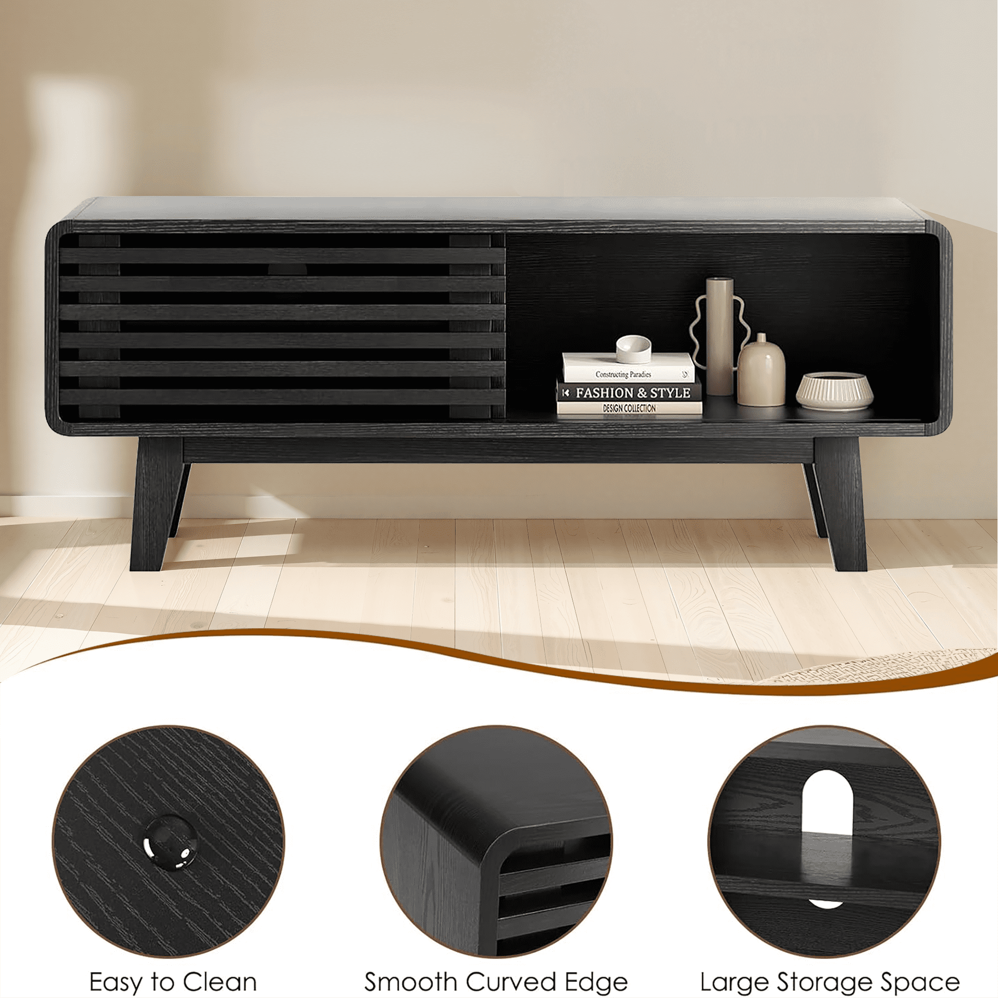 MAYEERTY Black Mid Century Modern TV Stand, 59" TV Console with Storage for Living Room & Apartments