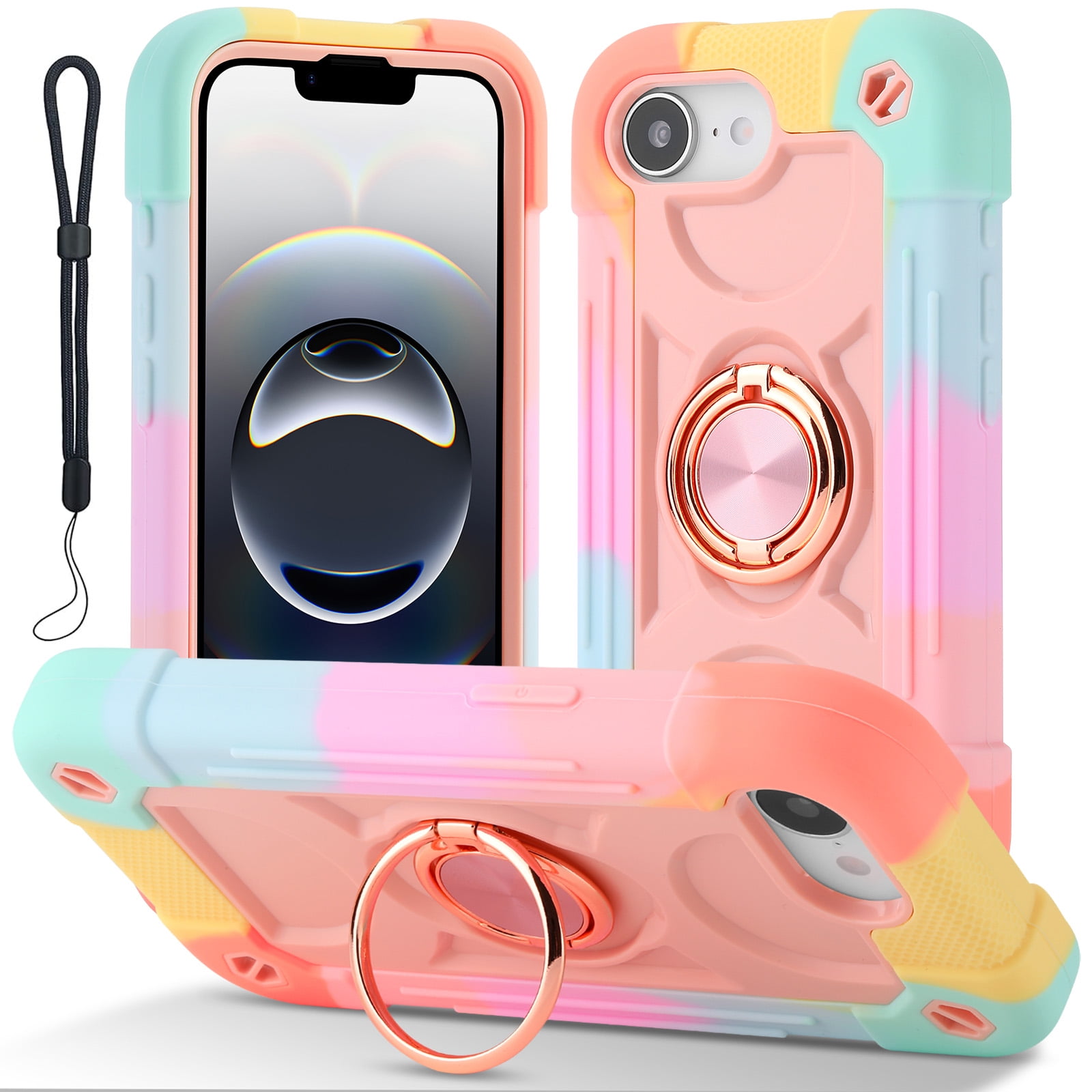 Dteck for iPhone 16e Case 6.1 Inch with Built-in 360°Rotating Ring Stand, Military Grade Drop Protection Full Body Rugged Heavy Duty Protective Cover with Wrist Strap,Rainbow