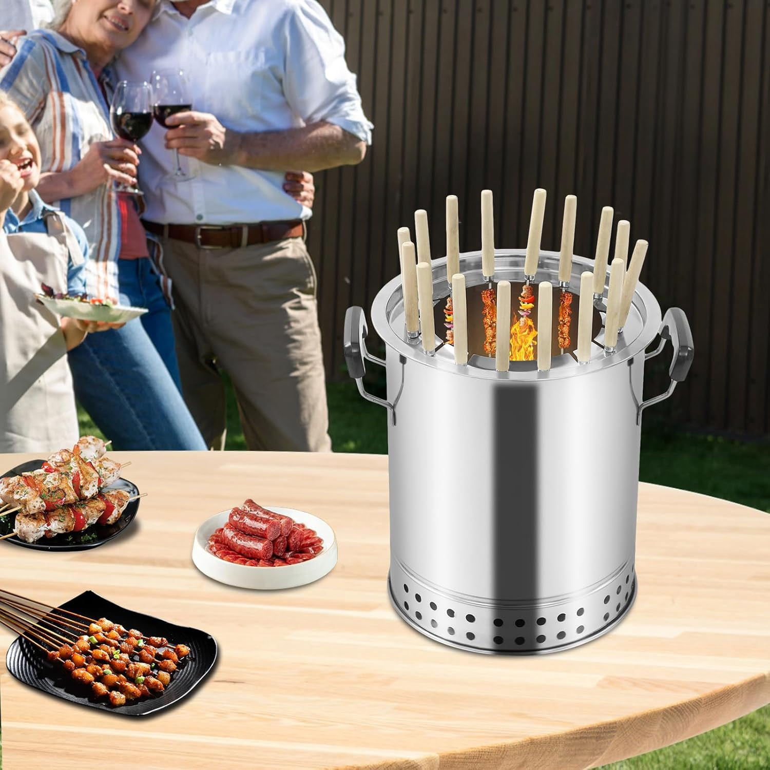 Portable Barbecue Charcoal Barrel Grill, 2-In-1 Design, 16 Holes Stainless Steel Surround Charcoal Kebab Grill with 30 Skewers for Camping, Picnics, Parties