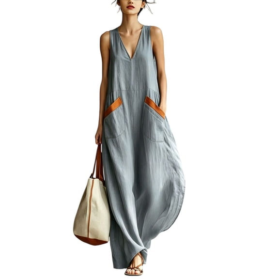 Quixlent Women Boho Sleeveless Maxi Dress, V Neck Flowy Long Tank Dress, Summer Casual A-line Loose Dress with Pockets