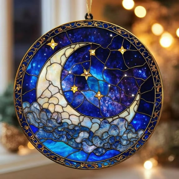 Moon and Star Stained Glass Suncatcher, Celestial Night Sky Suncatcher, Handmade Unique Christmas Gift, Spiritual Home Decor for Windows