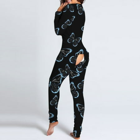 

purcolt Women s Plus Size Butterfly Print Onesie Pajamas Sexy Butt Back Flap Jumpsuit Sleepwear Bodycon Bodysuit Deep V Neck Button-Down Overall Rompers Nightwear