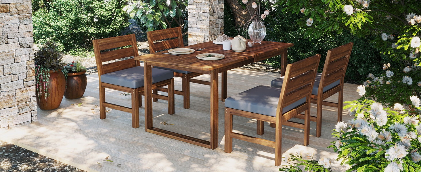 Mintazer 59" 5-Piece Outdoor Dining Set with Chairs & Cushioned, Farmhouse Patio Furniture Set for Garden Backyard Poolside, Brown & Gray