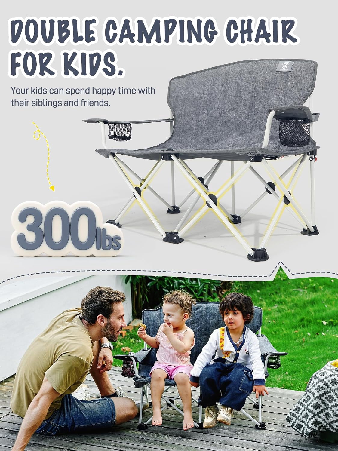 Double Kids Folding Camping Chair with Cup Holders Mesh Pocket Safety Lock and Padded Seat in Grey
