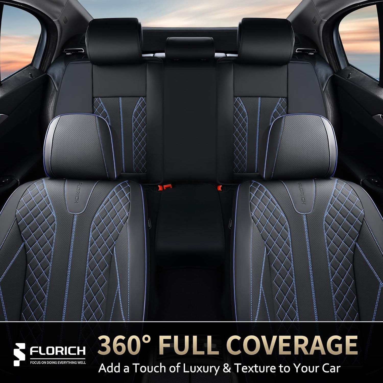 FLORICH Full Set Car Seat Covers, Premium Faux Leather Seat Protectors, Breathable Material Cushions Universal Fit for Most Cars, Black & Blue Line