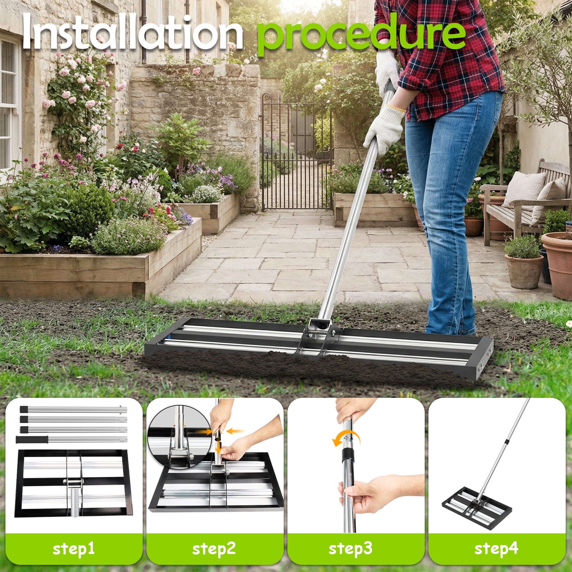 40"x10" Lawn Leveling Rake with Stainless Steel Handle, Durable Lawn Leveler Tool for Lawn, Yard & Garden
