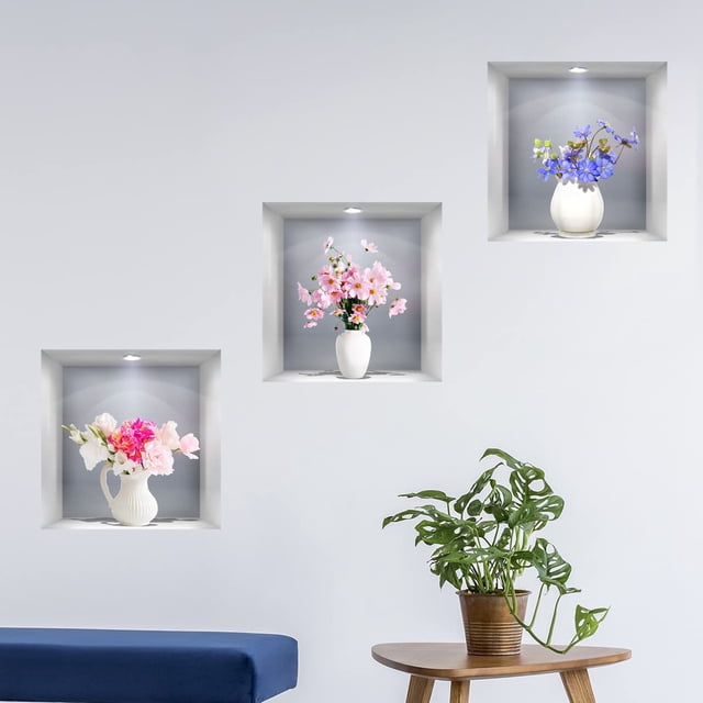 Pegatinas de pared de jarrón 3D, jarrones blancos, margaritas, calcomanías de pared con flores, decoración de pared Floral de rosas, arte de pared impermeable extraíble (margarita de jarrón)