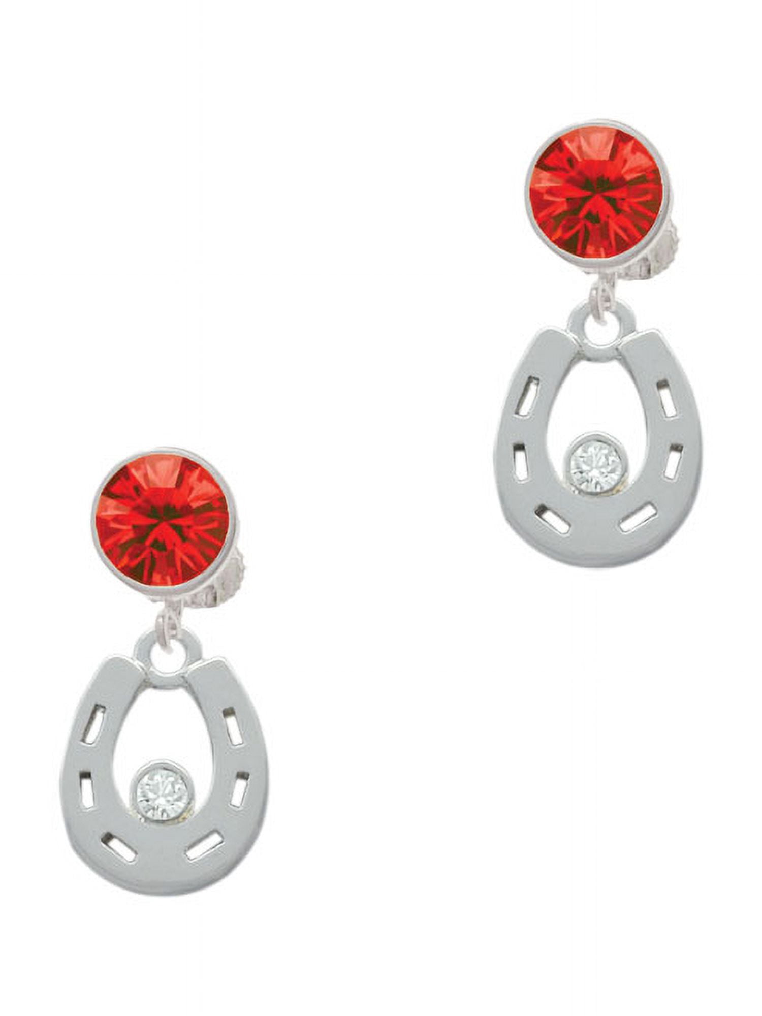 Delight Jewelry Silvertone Horseshoe with Clear Crystal Red Crystal Clip on Earrings