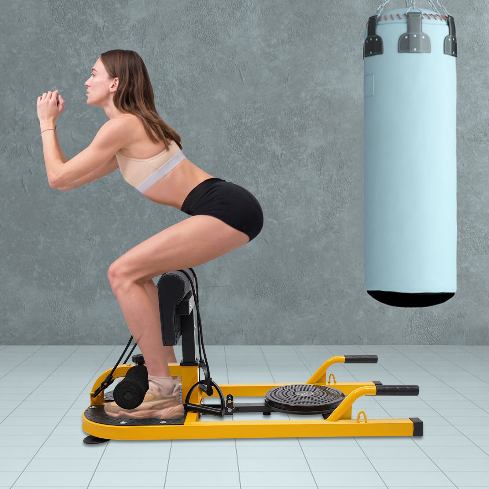 Adjustable Deep Squat Machine - 6-Position Leg Hook & Backrest, 176lb Capacity, for Abs/Thighs/Glutes Workout, Yellow/Black
