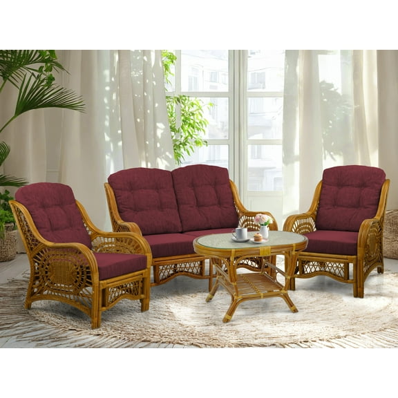 SK New Interiors Malibu Set of 2 Natural ECO Rattan Wicker Lounge Chairs, Loveseat w/ Dark Brown Cushion and Coffee Table w/Glass Handmade, Colonial