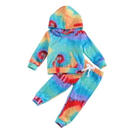 

Farrubbyine8 Baby Boys Girls Autumn Clothes Sets Long Sleeve Tie Dye Hooded Tops Pants Casual Sportwear Outfits