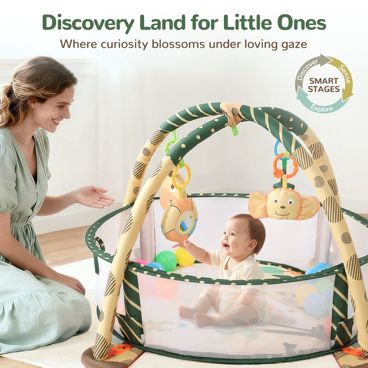 Baby Play Mat, Caveen 3 in 1 Baby Play Gym Activity Mat, with Hanging Toys and Ocean Balls, for Infants Toddlers, Orange Giraffe