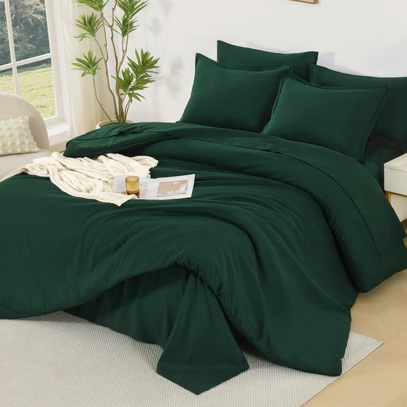 ANGENIA King Size Comforter Sets Dark Emerald Green - 7 Pieces Bed in a Bag King Bedding Comforter Sets, Soft Cozy Lightweight Solid Reversible Bed Set with Comforter, Sheets, Pillowcases & Shams