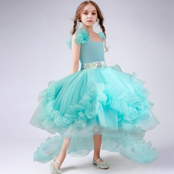 Girls Pageant Dresses Long Tulle Feathers Dress