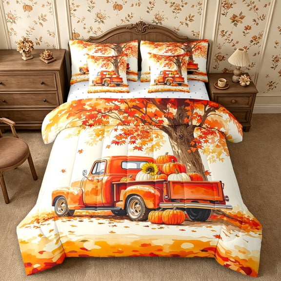 Erosebridal Happy Fall 7-Piece Twin Bedding,Harvest Scene Bedding Comforter Set,White Red Orange,Reversible
