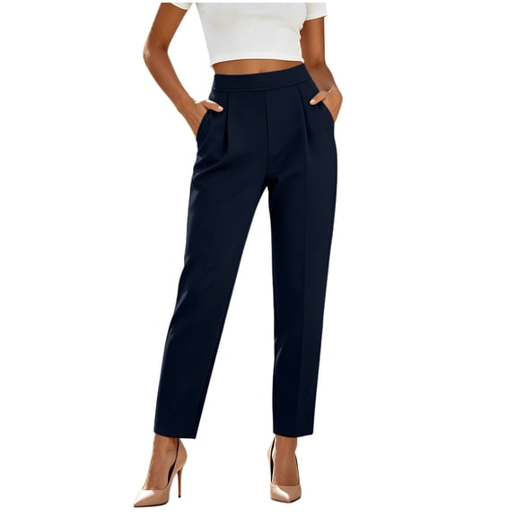hlysgo Dress Pants for Women Wide Leg Pull On Stretchy Trousers Business Casual High Waisted Pant with Pockets Dark Blue,L