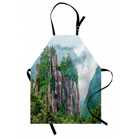 

Mountain Apron Sacred Majestic Slim Mountains Rocks in Clouds South Asian Chinese Nature Unisex Kitchen Bib Apron with Adjustable Neck for Cooking Baking Gardening Green Brown White by Ambesonne