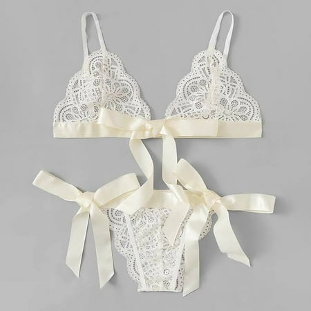 

Qcmgmg Women s Bra and Panty Set Nightwear Floral Babydoll Lace Sexy Bowknot Lingerie Set XL
