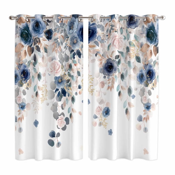 Navy Blue Flowers Kitchen Curtains Window Panels, Spring Floral Elegant Pastoral Watercolor Insulated Window Treatment Curtain, Grommet Curtains for Bedroom/Living Room/Bathroom, 2 Piece 42"Wx63"L