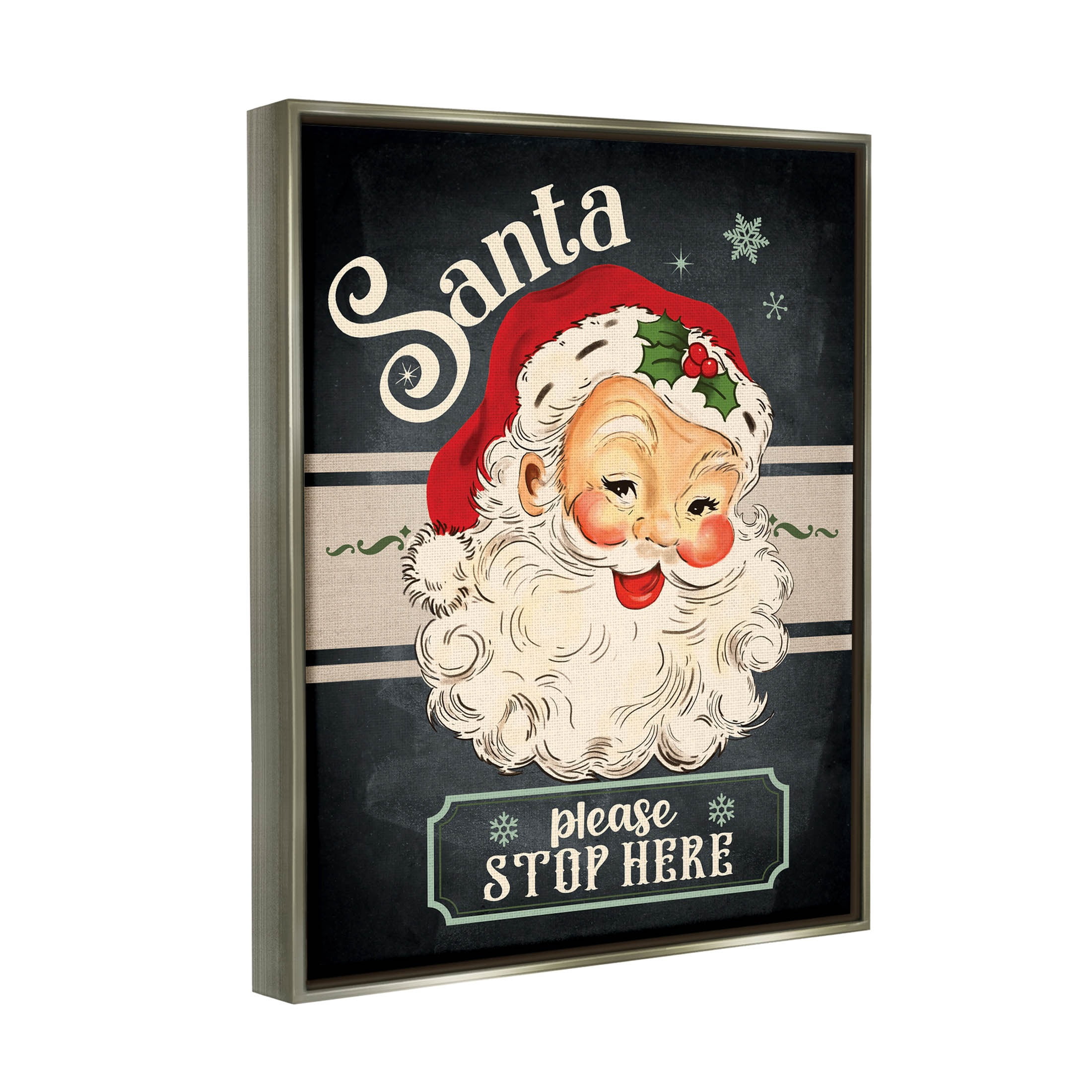 Santa Please Stop Here Vintage Smiling Holiday Graphic Art Luster Gray Framed Art Print Wall Art