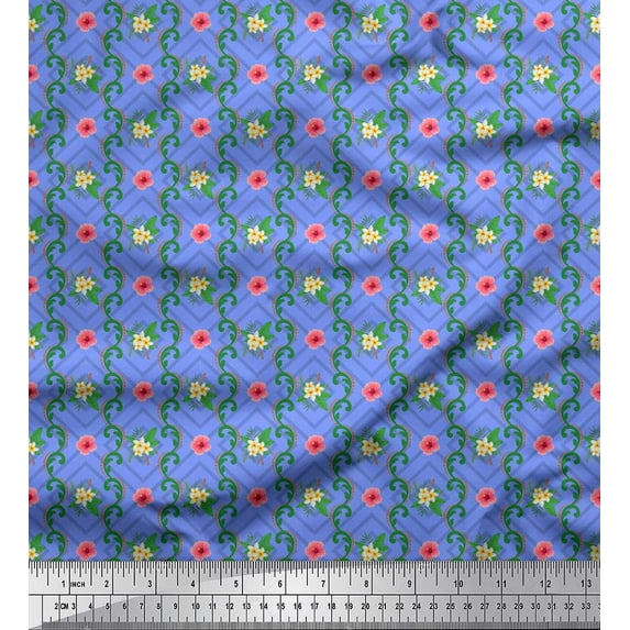 Soimoi Blue Cotton Duck Fabric Leaves,Pink Floral & Diamond Geometric Print Fabric by The Yard 42 Inch Wide