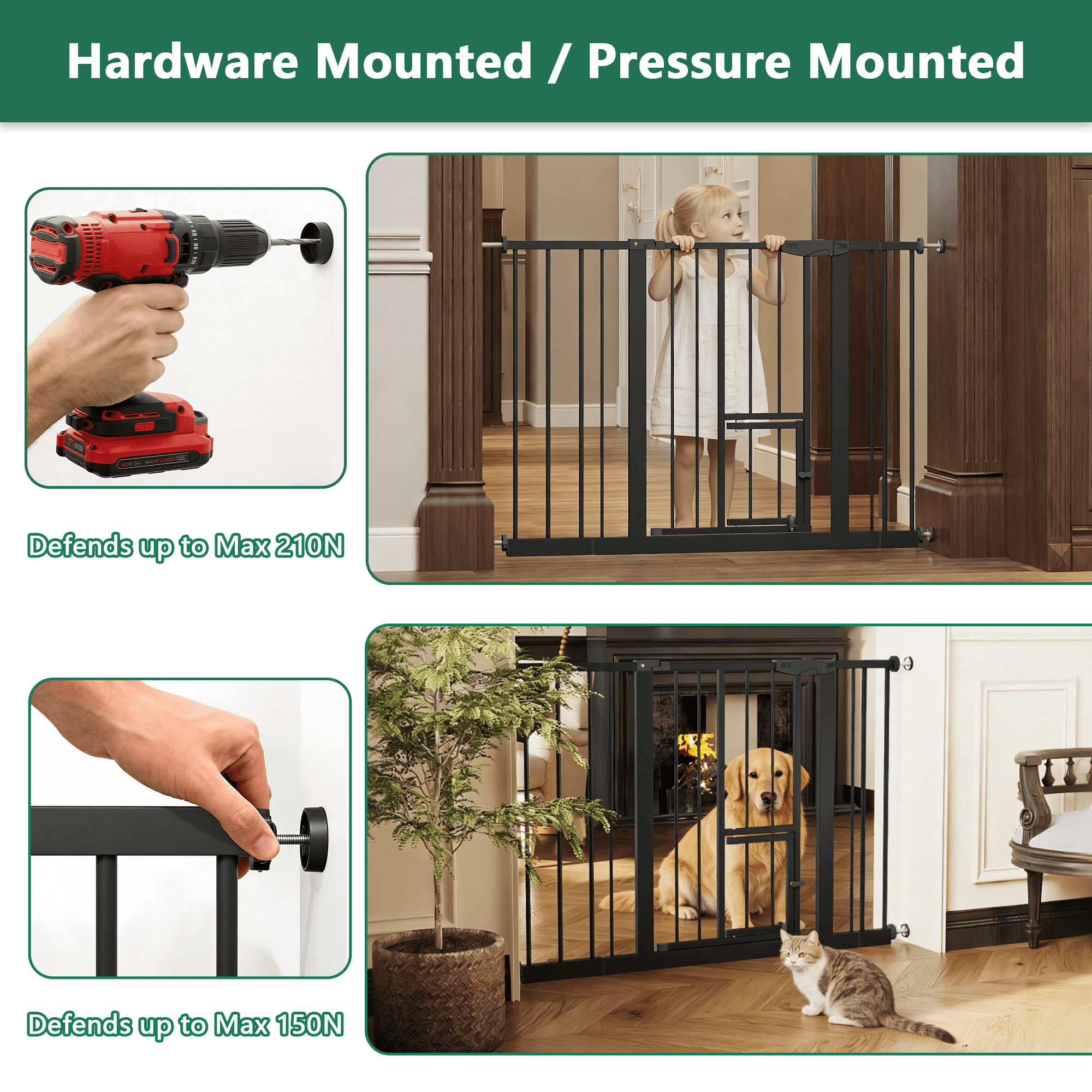 Metal Baby Gate with Cat Door for Stairs and Doorways, Pressure Mounted Safety Gate with Double Lock, No Tools Needed for Kids and Pets, Black