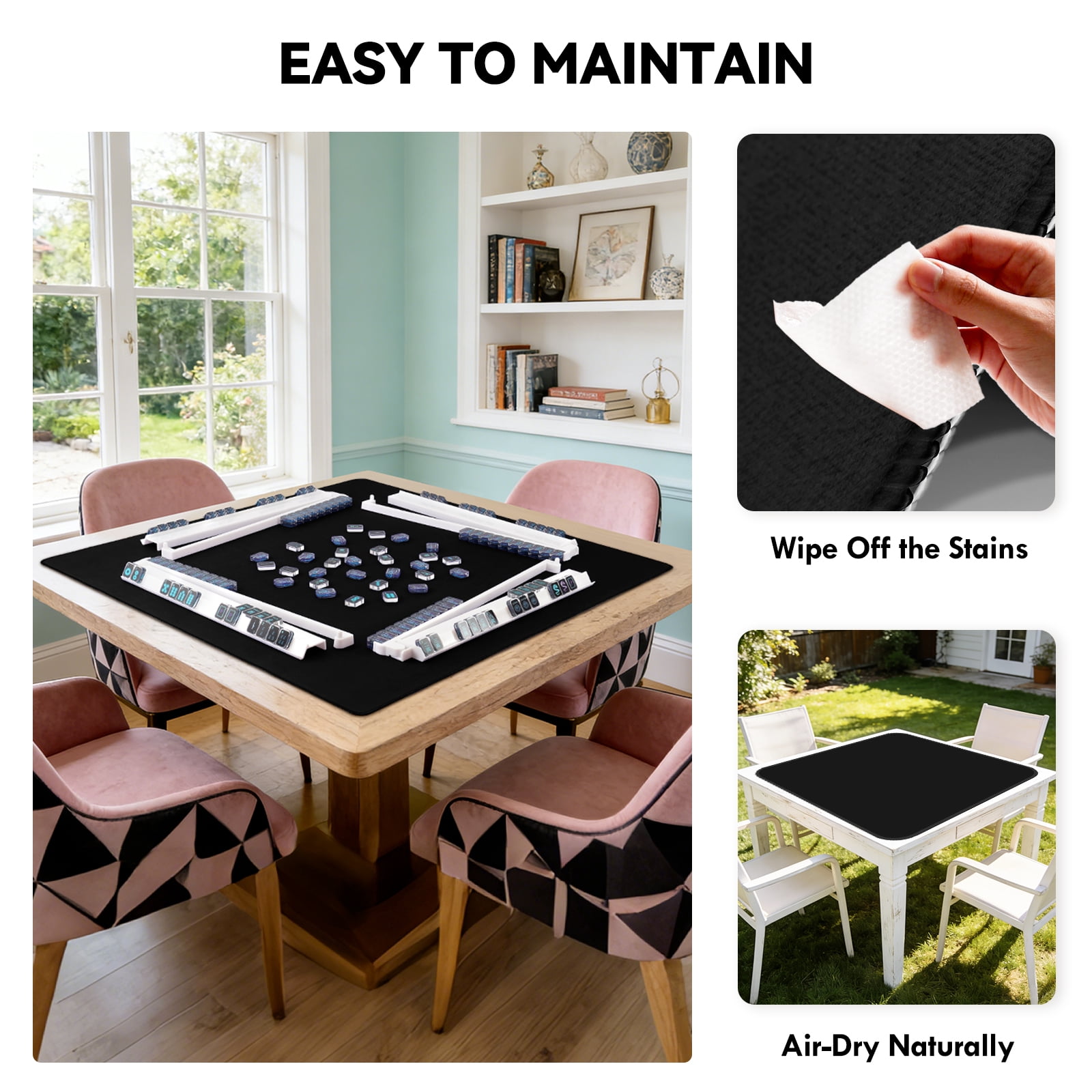 Noise Reducing Anti-Slip Table Cover Pad | Portable Game Mat for Mahjong, Poker, Cards, Dominoes with Carry Bag (Black)