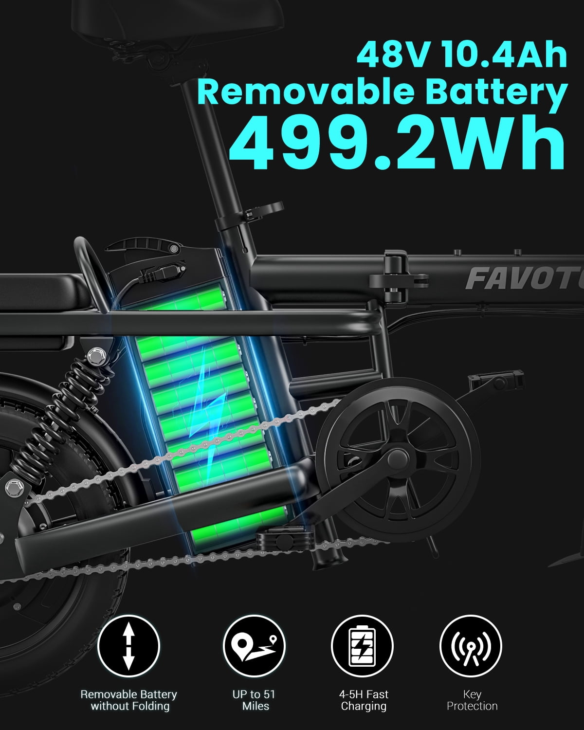Favoto Electric Bike for Adults, 14" Triple Suspension Ultra Stable Folding Ebike, 400W Motor 48V10.4Ah Removable Battery, Aluminum Alloy Commuter Electric Bicycle for Men Women UL2849