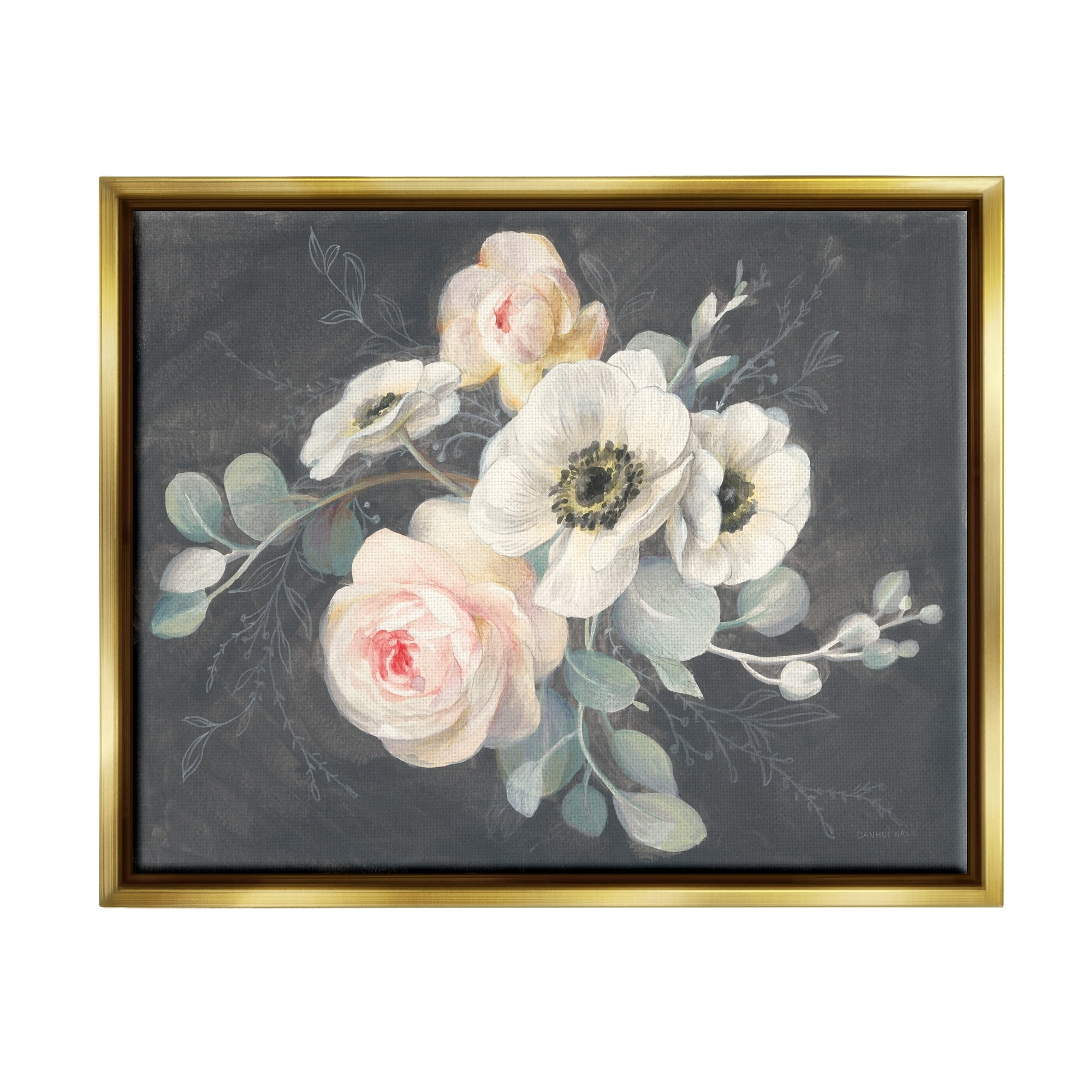Stupell Industries Rose Anemones Flowers Chalk Pink Black Design Metallic Gold Framed Floating Canvas Wall Art, 24x30, by Danhui Nai