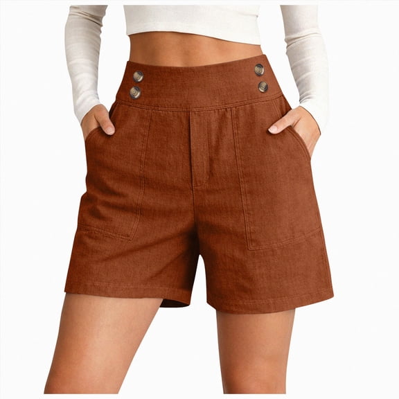 vigerkar High Waisted Shorts Women Cotton Button Detail Casual Shorts Vacation Short Pants with Pockets, Lightweight Classic Fit Summer Beach Travel (Coffee, S)
