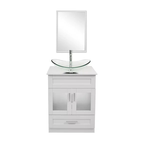 FULLWATT 24" Vanity Bathroom Cabinet with Mirror and Vessel Sink Bowl Faucet Combo Set