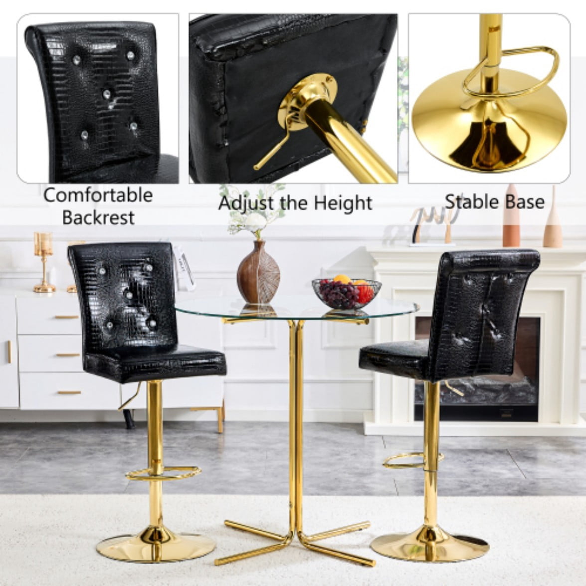 Set of 2 Vintage Bar Stools, Faux Crocodile Leather Chairs with Crystal Button Details, Upholstered Kitchen Island & Bar Seating, Black & Gold