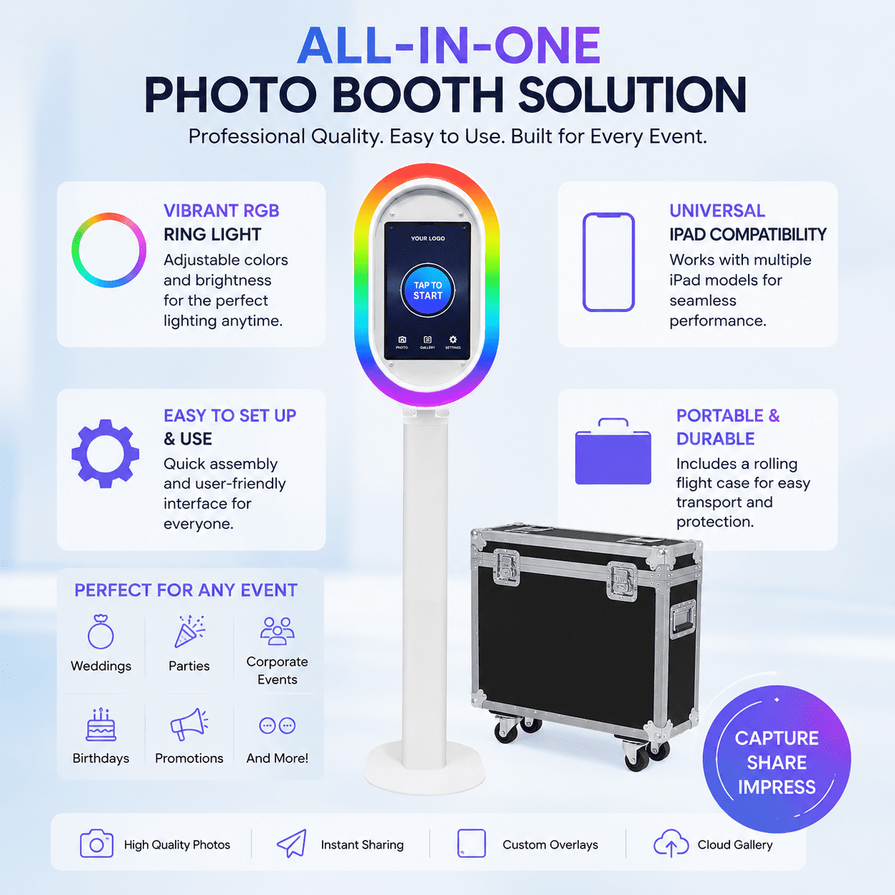 Portable iPad photo booth with flight case, metal selfie stand, and RGB ring light, perfect for parties, weddings, and rental businesses - compatible with 10.2-inch to 13-inch iPads.