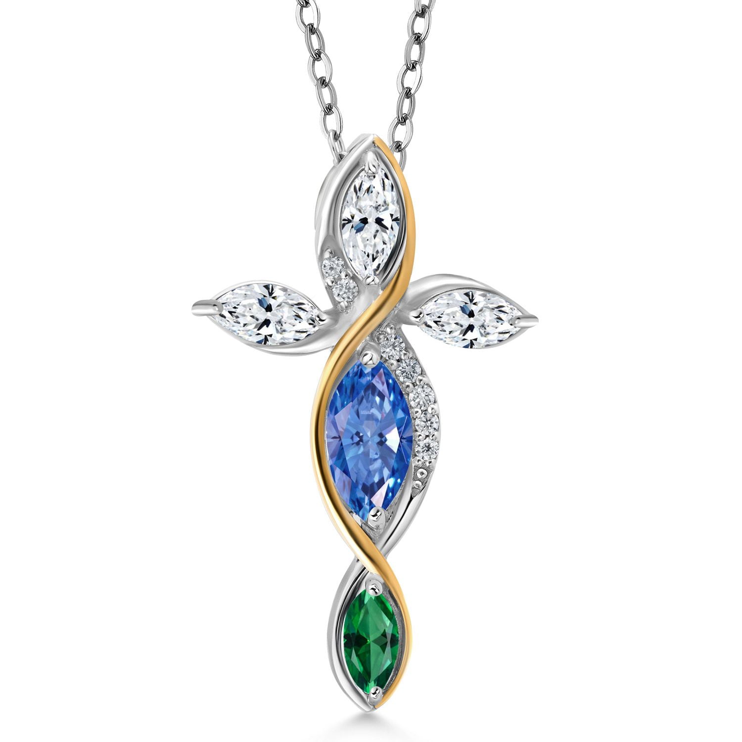 Gem Stone King Cross Necklace for Women in 925 Silver and 10K Yellow Gold Fancy Blue, White and Green Zirconia | 1.33 Cttw | Jesus Christian Religious Crucifix | Marquise 8X4MM | 18 inch Chain