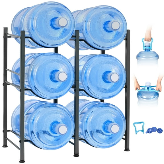 5 Gallon Water Jug Holder, 3 Tier Water Jug Rack, Water Jug Stand for 5 Gal Water Bottle, Water Jug Stand, Heavy Duty Water Gallon Holder for 6 Bottles with Lifter and 5 Gallon Water Jug Cap