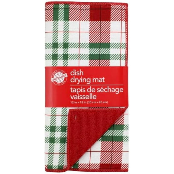 Holiday Kitchen Dish Drying Mat, Red and Green Plaid Pattern, Absorbent Microfiber, 12 x 18 Inches