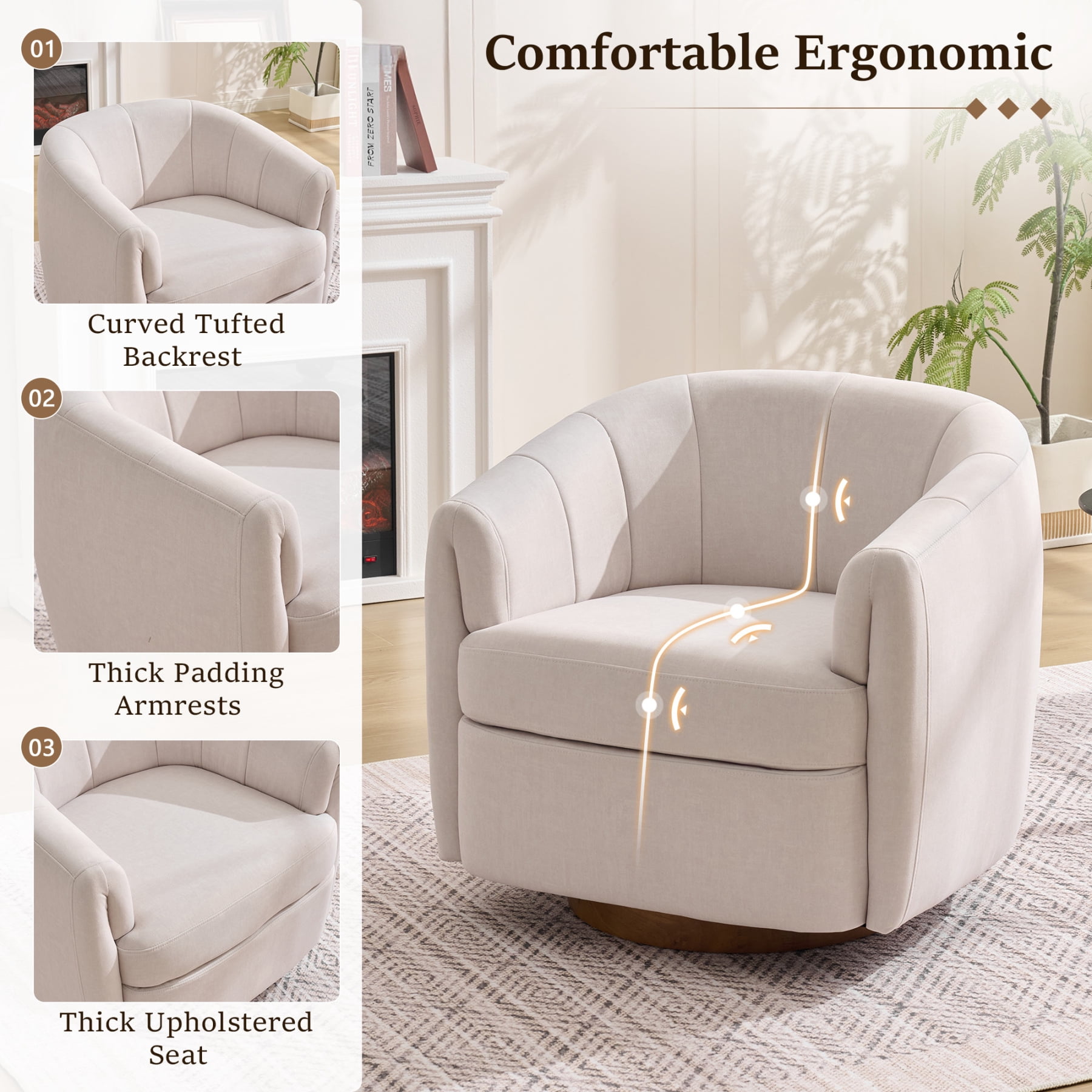 Leumius Velvet Swivel Accent Chair, Upholstered Armchair with Solid Wood Base,Comfy Reading Chair With Curved Thickened Backrest,White Velvet