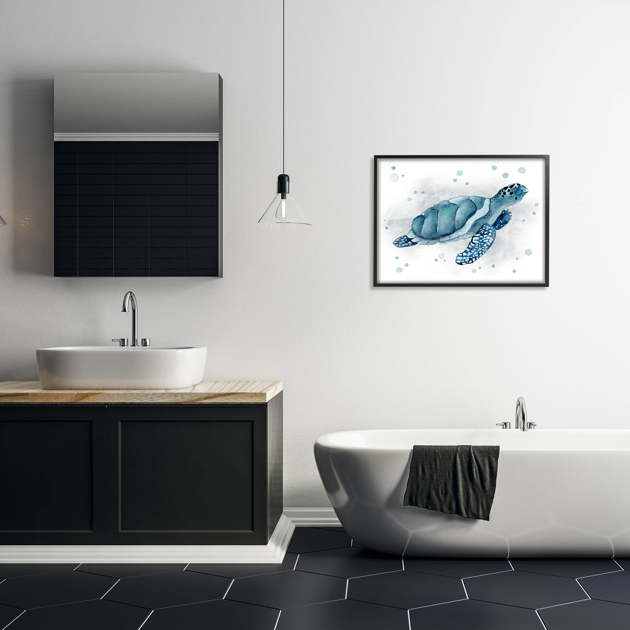 Stupell Industries Blue Happy Turtle Bubbles Graphic Art Black Framed Art Print Wall Art, Design by Janet Tava