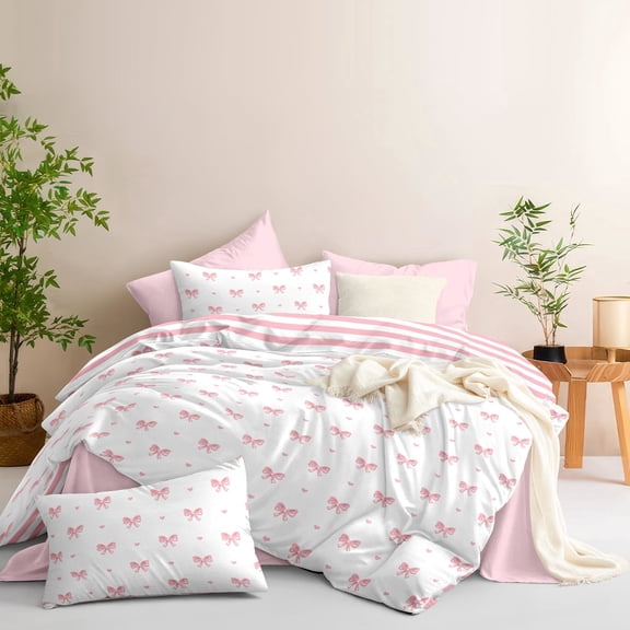 3 Pieces Cute Pink Bowknot Duvet Cover Boys Girls Reversible Striped Bedding Set Breathable Soft Dreamy Princess Style Queen Comforter Cove Bedroom Decor Microfiber Zipper Closure
