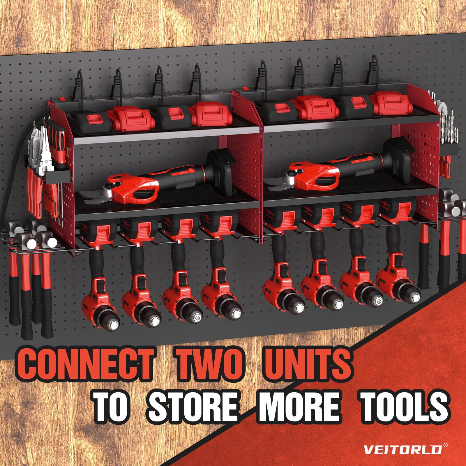 Veitorld Power Tool Organizer with Charging Station,3 Layers Storage Rack with 4 Drill Holders,Heavy Duty Modular Wall Mount Rack for Garage, for Men Dad Him Husband for Christmas Birthday