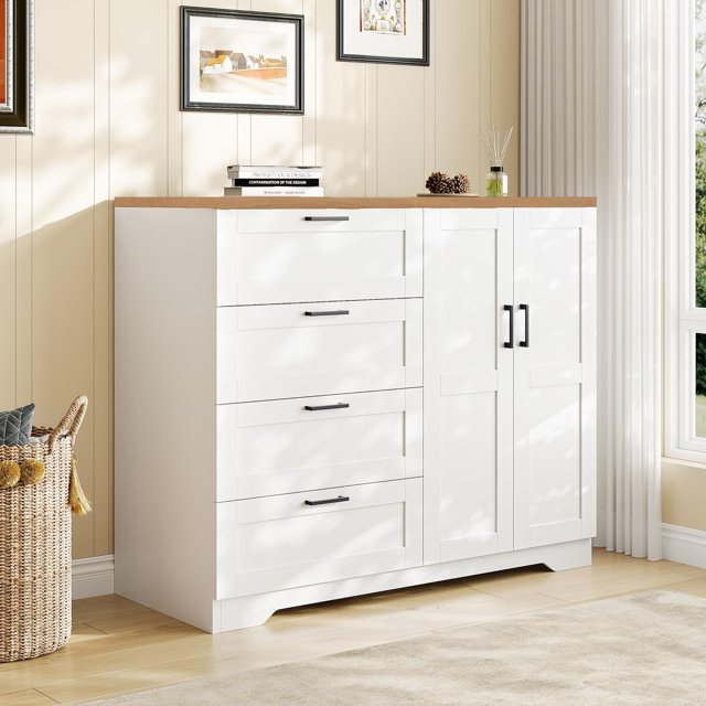 Armoire Garde-Robe avec 4 Tiroirs, Tringle Suspendue, Commode Multifonctionnelle en Bois avec Rangement