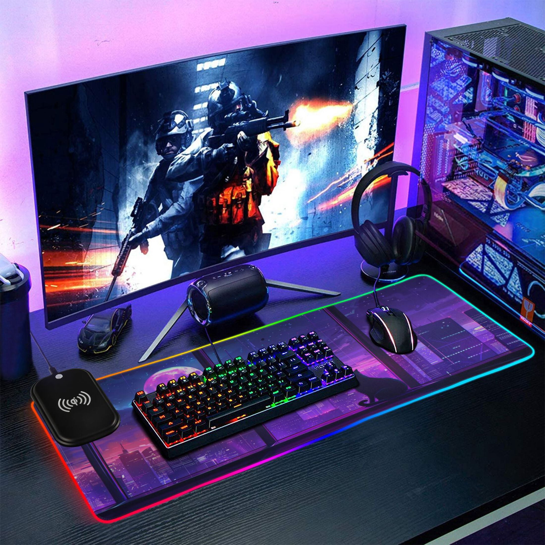 Wireless Charging Mouse Pad Large RGB Gaming Desk Mat 13 Light Modes Mousepad 35.4x15.7 Cat Moon City