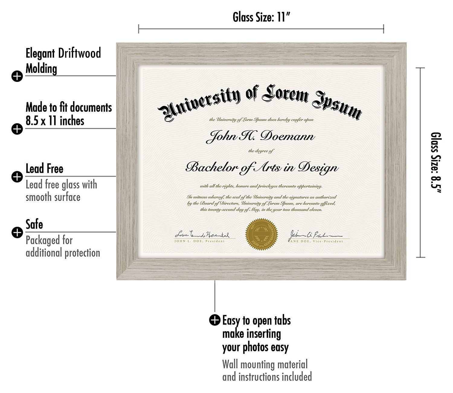 Americanflat 8.5x11 Diploma Frame in Drift Wood with Shatter Resistant Glass - Horizontal and Vertical Formats for Wall and Tabletop