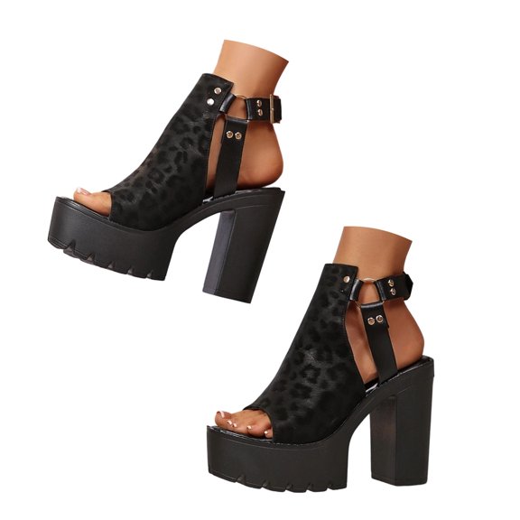 Pandaie High Heels for Women Ankle Buckle Strap Slingback Platform Heeled Sandals 4.33 Inch Leopard Print Ladies Dressy Pumps (Black,6)