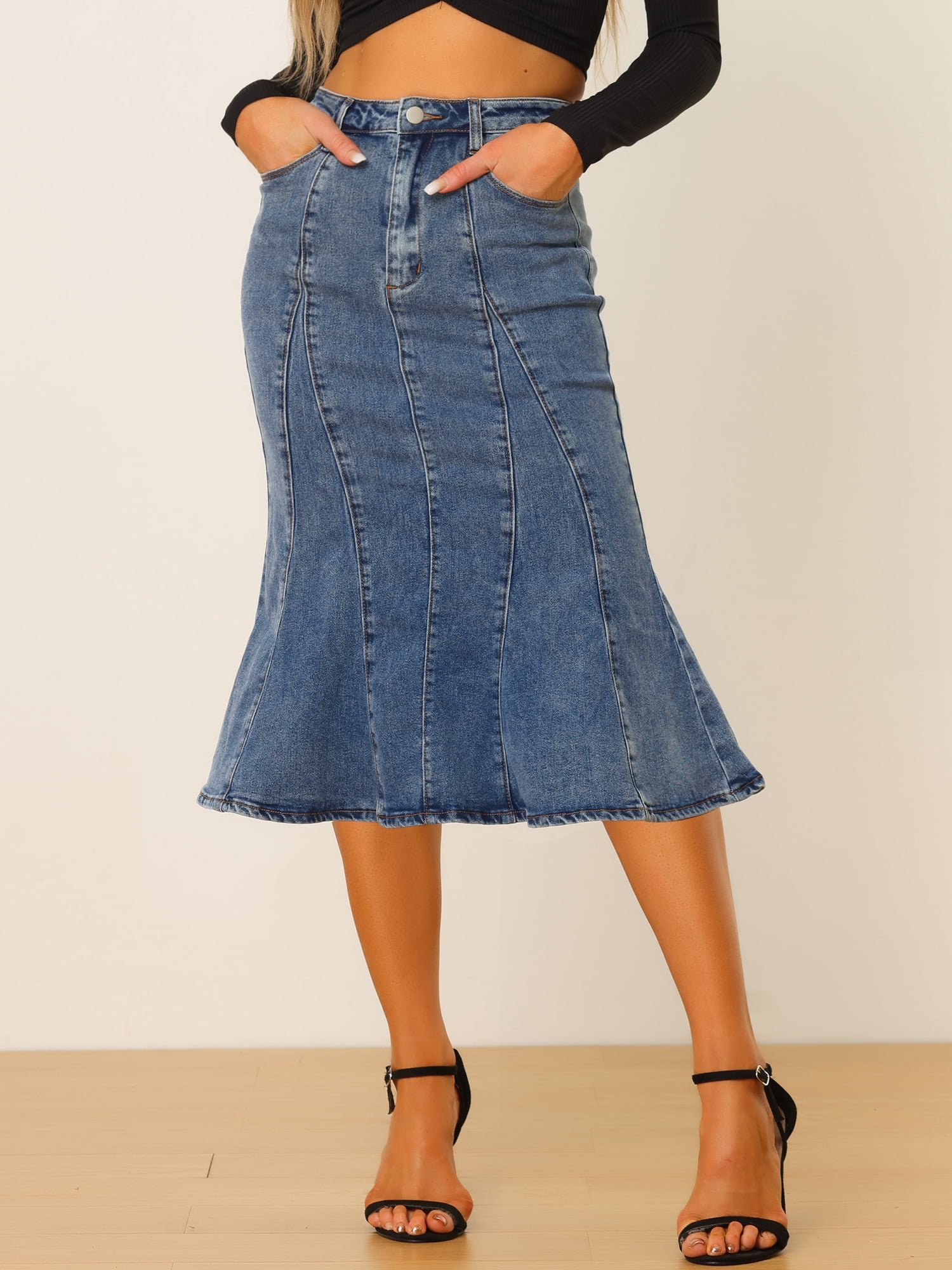 DARING DIVA Women's Denim Ruffle Fishtail Bodycon Midi Skirts S Blue Gray