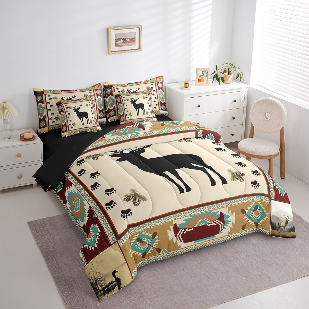 Kids Elk Deer Hunting Bedspread Set - Rustic Antlers, Brown Wood Plank Design, Twin Size, Farmhouse Decor For Boys & Teens