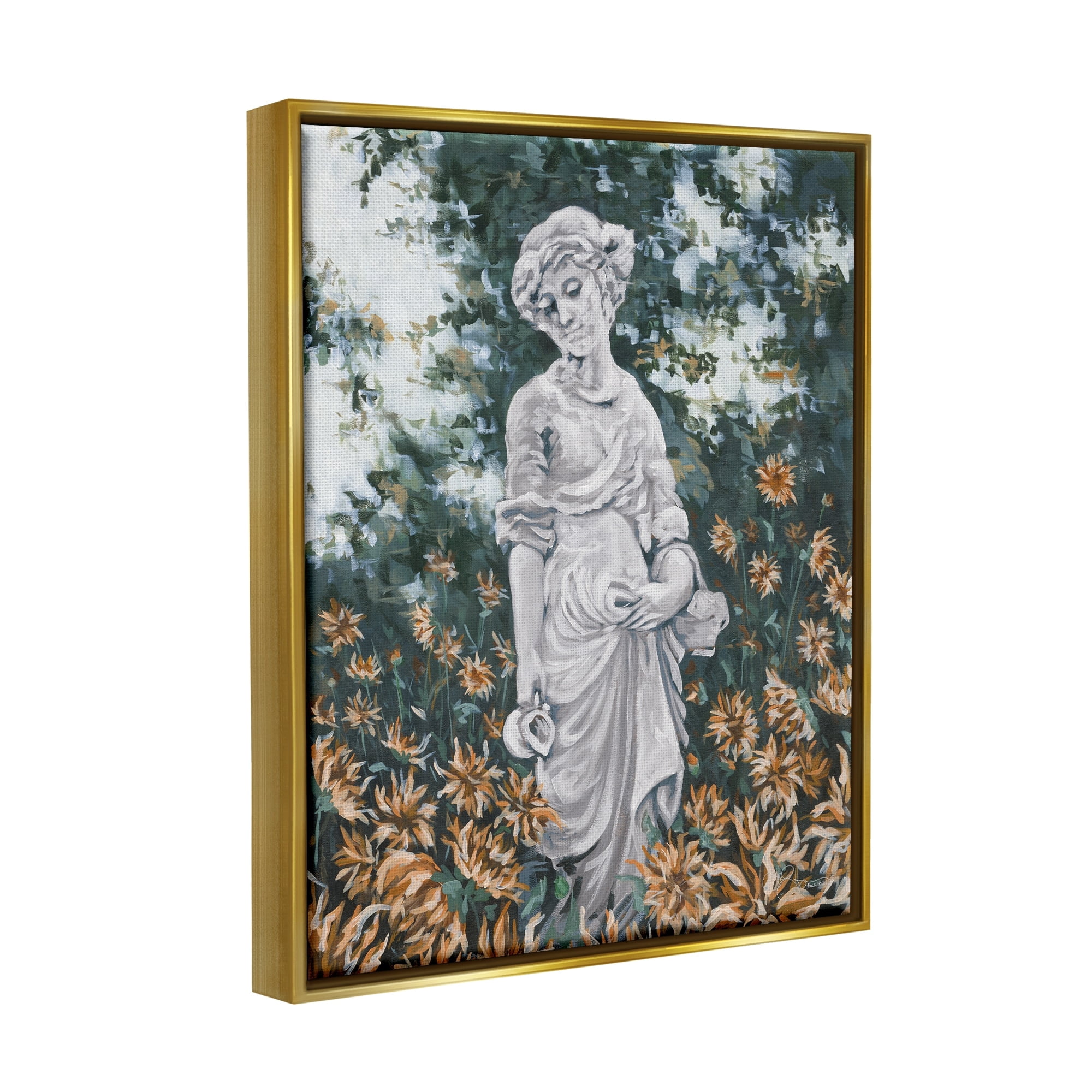 Stupell Industries Graceful Garden Woman Statue Surrounded Flower Blossoms Painting Metallic Gold Floating Framed Canvas Print Wall Art, Design by Hollihocks Art